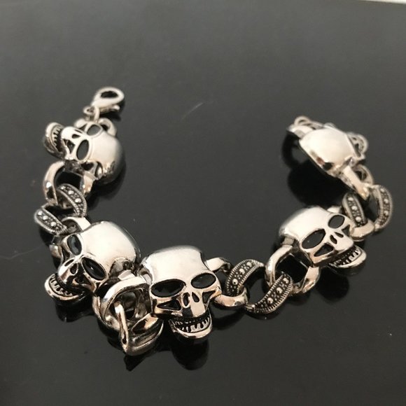 Skull Bracelet Chain Biker Silver Rock Mans Moto Gothic Motorcycle Skulls Unisex - Picture 3 of 10